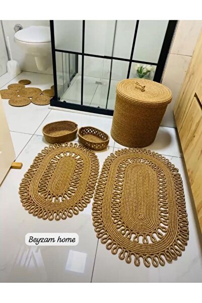 HLM TEKSTİL 5'li Banyo Seti, 2'li Oval Desenli Paspas, 2'li Sepet, 1 Çamaşır ...