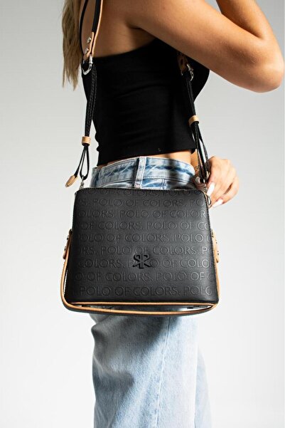 Çanta Trend Polo of Colors Black Tan Embossed Print Women's Shoulder and Cros...