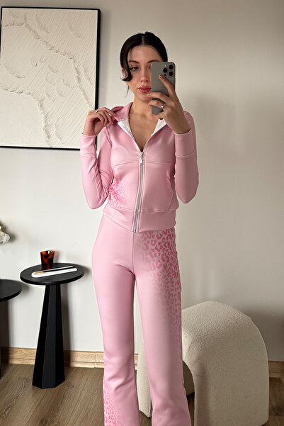 İlayda Toprak Cheetah Pink Leopard Premium Slim Fit Zippered Casual Tracksuit Set