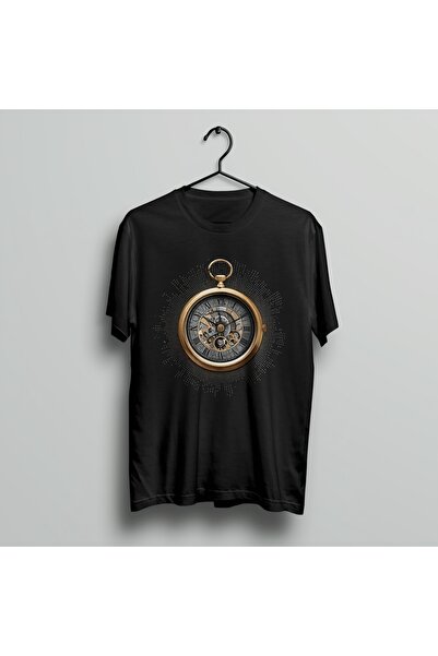 TİMİSİVA Unisex Oversized Saat1 Printed Crew Neck Short Sleeve Black T-Shirt