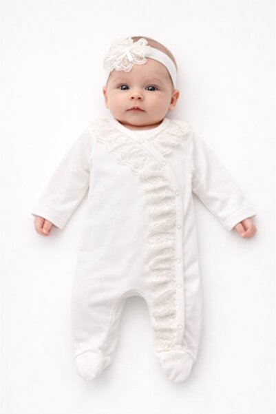 Pure Boutique Salopeta bebe bumbac alb cu dantela set cu bentita