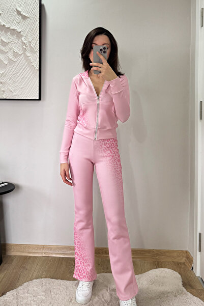 İlayda Toprak Cheetah Pembe Leopar Premium Dar Kalıp Fermuarlı Casual Eşofman...