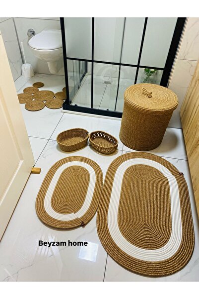 SHLM TEKSTİL 5'li Banyo Seti, 2'li Oval Desenli Paspas, 2'li Sepet, 1 Çamaşır...