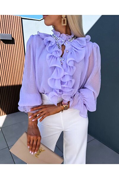 Rabiossa Women's Pearl Detailed Ruffle Blouse Shirt