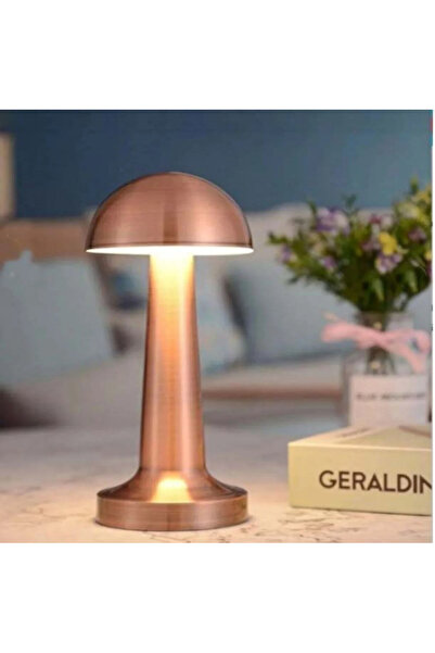 R8SAAT Mantar Masa Lambası Roz Gold Renk Kablosuz Ledli 3renk Dokunmatik Şarjlı