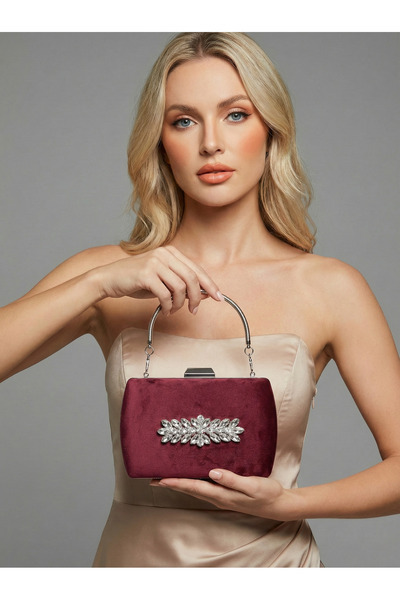 Wedding Fashion Burgundy Luxury Suede Crystal Stone Metal Handle Chain Women'...