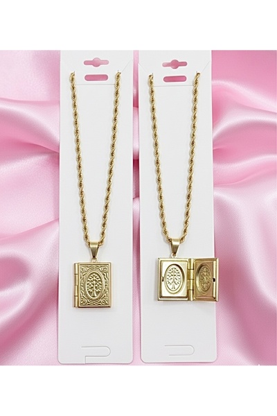 EFSU BİJUTERİ 316L Paslanmaz Çelik Vintage Gold Kitap Madalyon Kolye