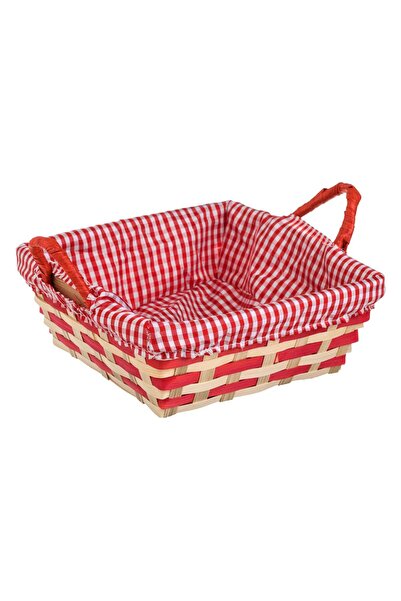 OEM Cos Decorativ Rotund de Bambus Stofa cu Carouri Bej Rosii 21x21x8cm