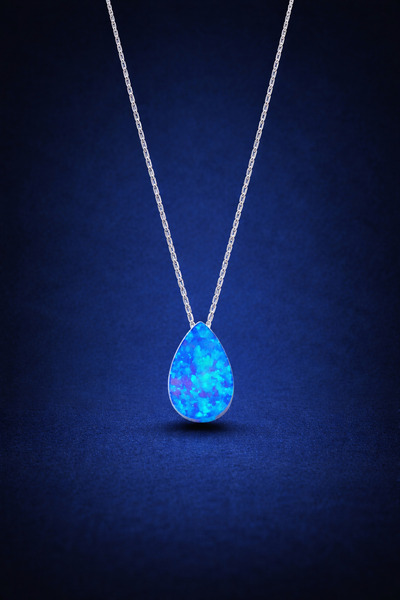 KAR DİAMOND 14 Ayar Altın Rodyum Kaplama Mavi Opal Damla Taşlı Kadın Kolye Se...