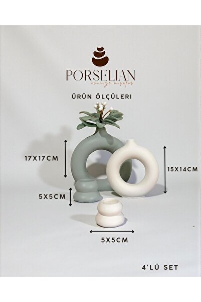 Porselian 4'lü Dekoratif Beton Donut Halka Vazo & Obje Seti