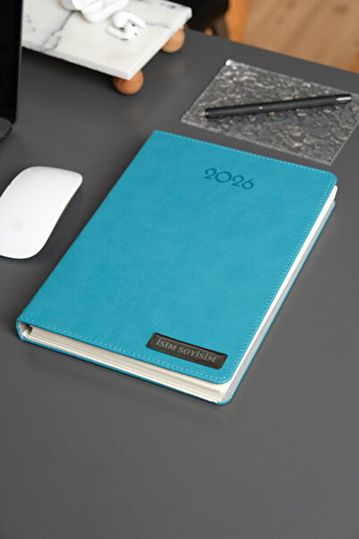 locko Kişiye Özel İsimli Düz Turkuaz Vegan Deri Gizli Spiralli 2026 Ajanda