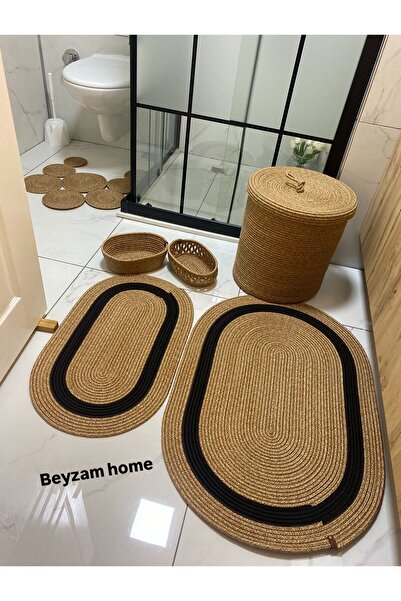 SHLM TEKSTİL 5'li Banyo Seti, 2'li Oval Desenli Paspas, 2'li Sepet, 1 Çamaşır...