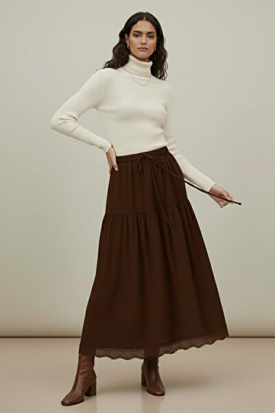 Puane Women's Brown Colored Skirt with Lace Detail at the Bottom and Elastic ...