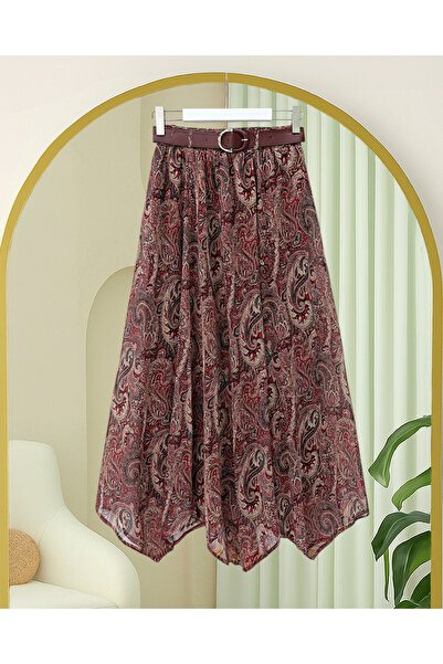 Modamorfo Asymmetrical Cut Lined Chiffon Skirt with Belt - Burgundy