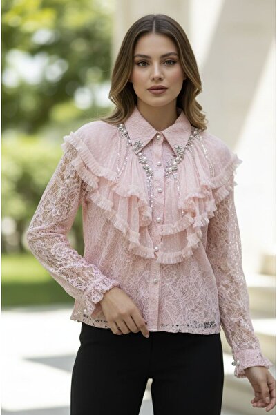 Rabiossa Women's French Lace Shirt with Ruffles and Pearls