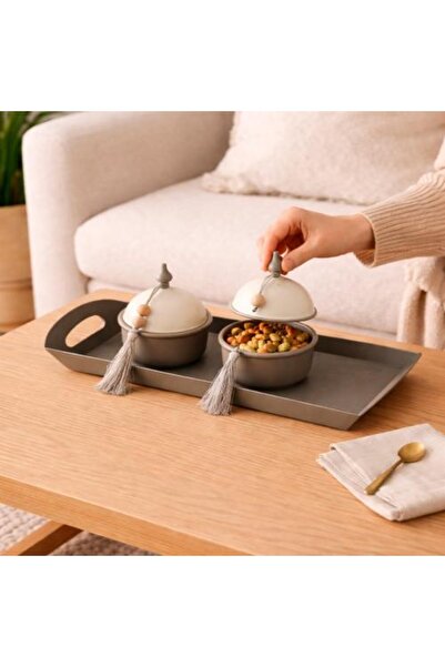 Generic Elegant Serving Set with Lids and Iron Tray