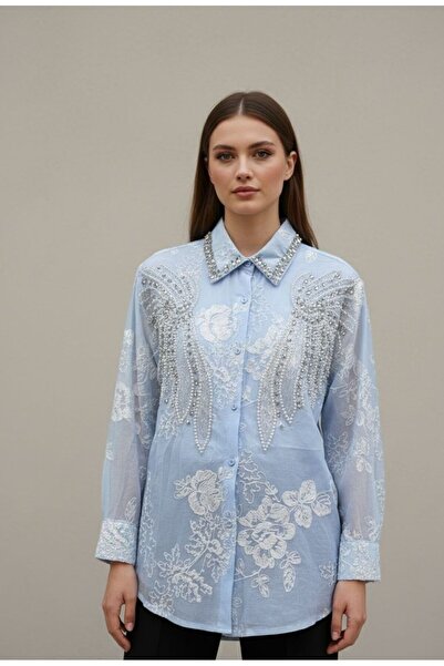 Rabiossa Women's Bead Embroidered Imported Lace Shirt