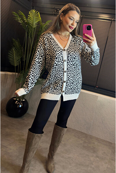 MİR STORE Leopard Patterned White Cardigan