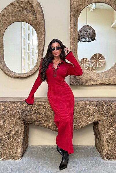 Auroveen Fit Cut Polo Collar Half Placket Button Detailed Knitwear Dress Av3817