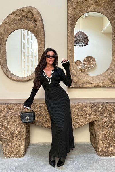 Auroveen Fit Cut Polo Collar Half Placket Button Detailed Knitwear Dress Av3817