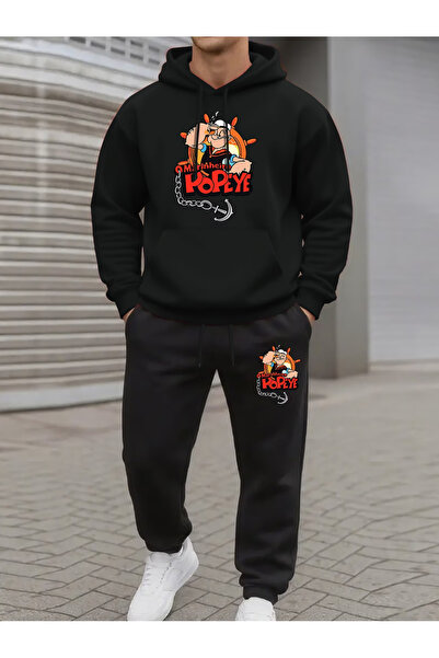 Flow touch Printed Hooded Men's Tracksuit Set with Two Strings Fleece-Lined