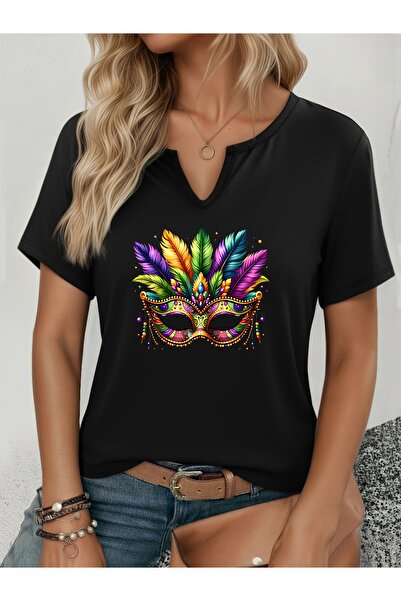 mercoledi Women's Mardi Gras Printed Half V-Neck Sleeves Regular Fit Casual T...