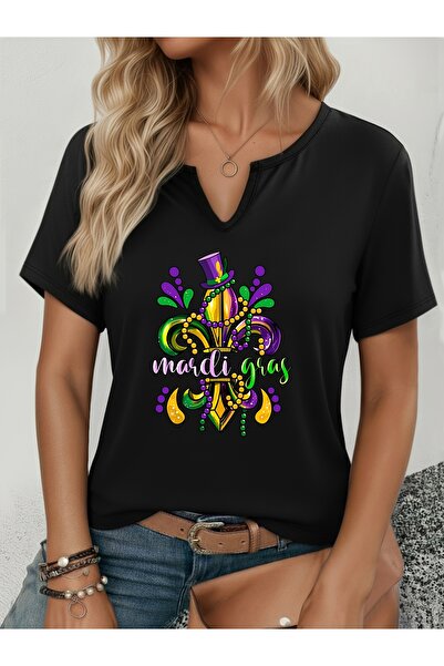 mercoledi Women's Mardi Gras Printed Half V-Neck Sleeves Regular Fit Casual T...