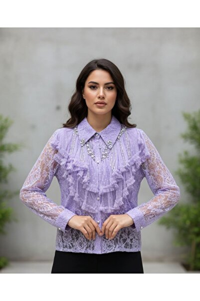 Rabiossa Women's French Lace Shirt with Ruffles and Pearls