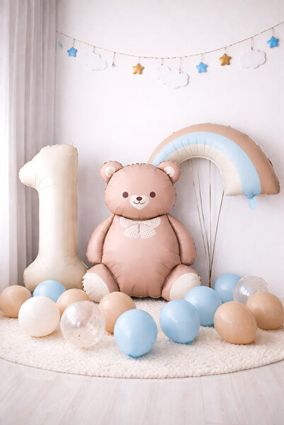 Öztürkpartievi Pastel Gökkuşağı ve Ayıcık Konsept 1 Yaş Balon Doğum Günü