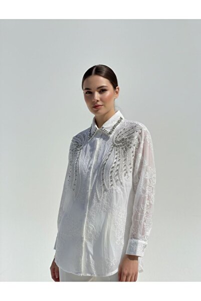 Rabiossa Women's Bead Embroidered Imported Lace Shirt