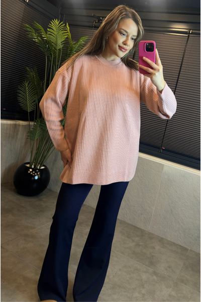 MİR STORE Pink Half-Throat Sweater Corded Fabric Oversized