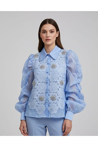 Rabiossa Women's Floral Appliqué Detailed Crystal Embroidered Shirt