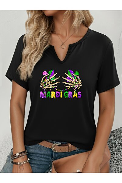 mercoledi Women's Mardi Gras Printed Half V-Neck Sleeves Regular Fit Casual T...
