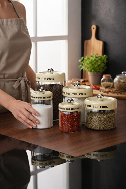 Paşabahçe 5'li Vakumlu Çeyizlik Cam Saklama Kavanozu -Krem Kapaklı Topuzlu Ba...