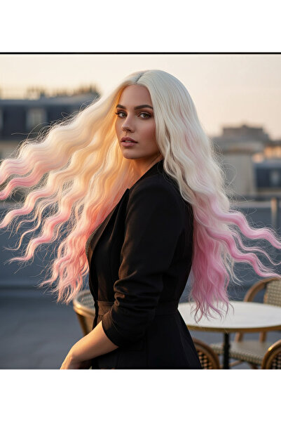 Handmade Fiber Sentetik Uzun Su Dalgalı Peruk PLATİN-PEMBE