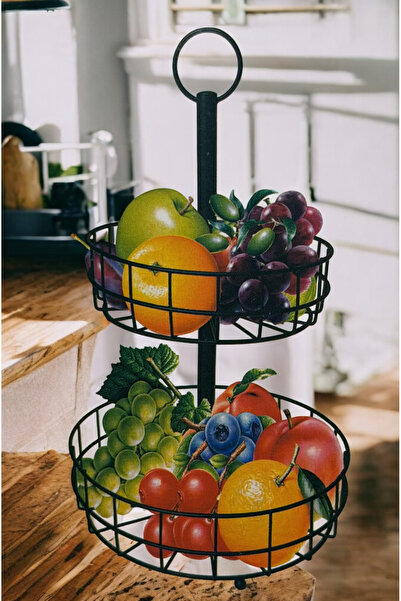 Generic Elegant two-tiered iron fruit basket in black