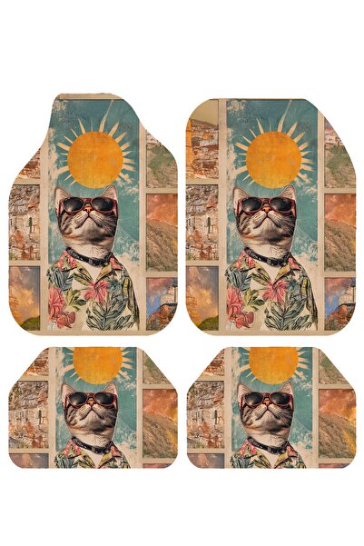 PATENTH RENKLİ KEDİ Desenli Dekoratif 4'lü Oto Paspas Takımı Tüm Araçlara Uyg...