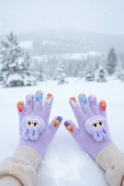 EliraToka Labubu Figure Toy-Figured Fingers Lycra Knitted Gloves 3-10 Years R...