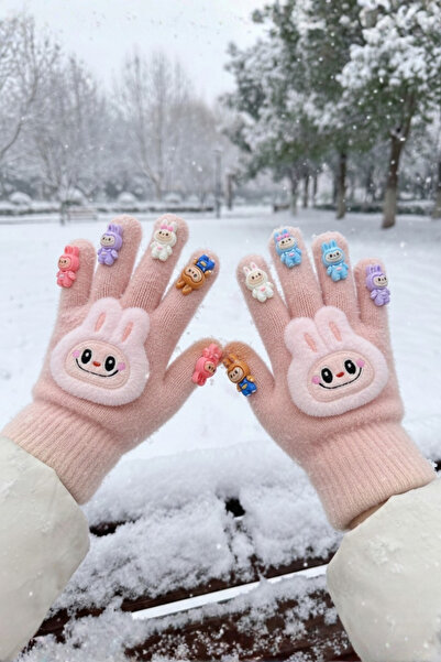 EliraToka LABUBU FİGÜRLÜ PARMAKLARI OYUNCAKLI LİKRALI ÖRME ELDİVEN 3-10 YAŞ A...