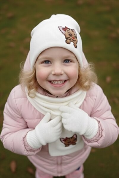 AYDINER TEKSTİL Girl's Cat Scarf-Beret-Gloves Set of 3 White (3-8 Years)