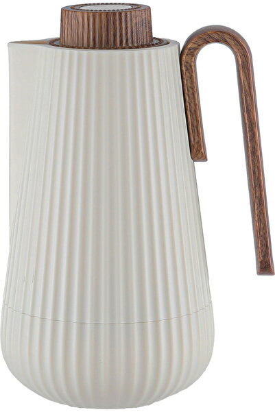 AZOZ MERCHLY ترمس، 0.7 لتر، مقبض خشبي، زجاج داخلي، زر ضغط - لون بيج خشبي