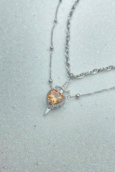 Hiza Sitrin Taşlı Kalp & Kılıç Çift Kolye – Sevgililer Günü Özel Tasarım Aşk ...