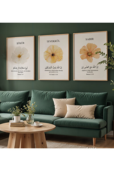 Creatick Design Sabır Tevekkül Şükür Temalı 3'lü Masif Ahşap Çerçeveli Tablo ...