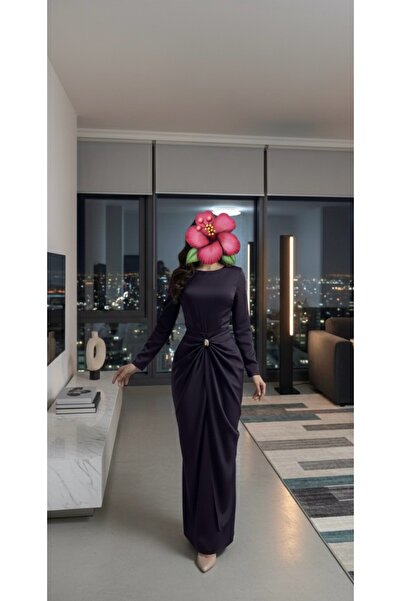 LUMY Dark purple dress with long sleeves and draped waist