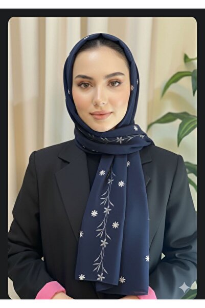 Veil Designer Navy blue headscarf with colorful embroidery covering the entir...