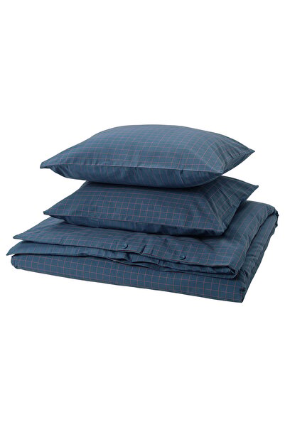 IKEA DOFTAKLEJA Duvet cover + 2 pillowcases, dark blue/light brown