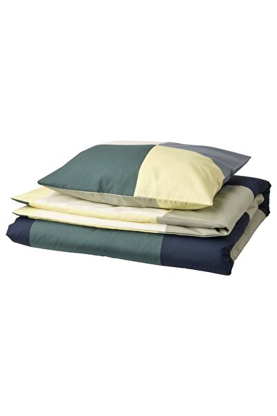 IKEA BRUNKRISSLA Husă pilotă + față de pernă, verde/multicolor, 150 x 200/50 ...