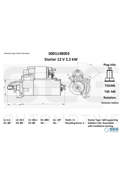 SEG Automotive Starter Vauxhall Astra Model 6/Cascada/Insignia Model 1