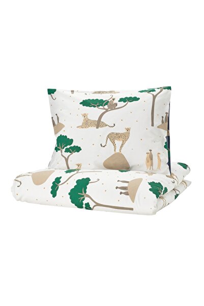 IKEA SANDLÖPARE Husă pilotă + față de pernă, alb albastru închis/savannah