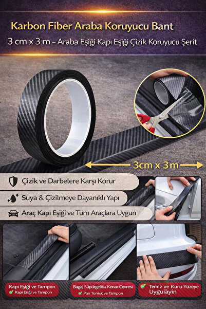 Hane Dostu Karbon Fiber Desenli Araba Kapı Eşiği Koruyucu Bant 3cm x 3m – Çiz...